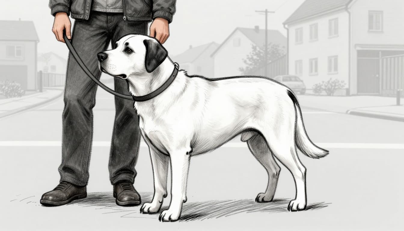 Hand-drawn graphite sketch of a large strong Rottweiler standing alert on an urban street, owner firmly holding the leash, simple house background, light shading on clean light gray paper, close-up on dog and owner.