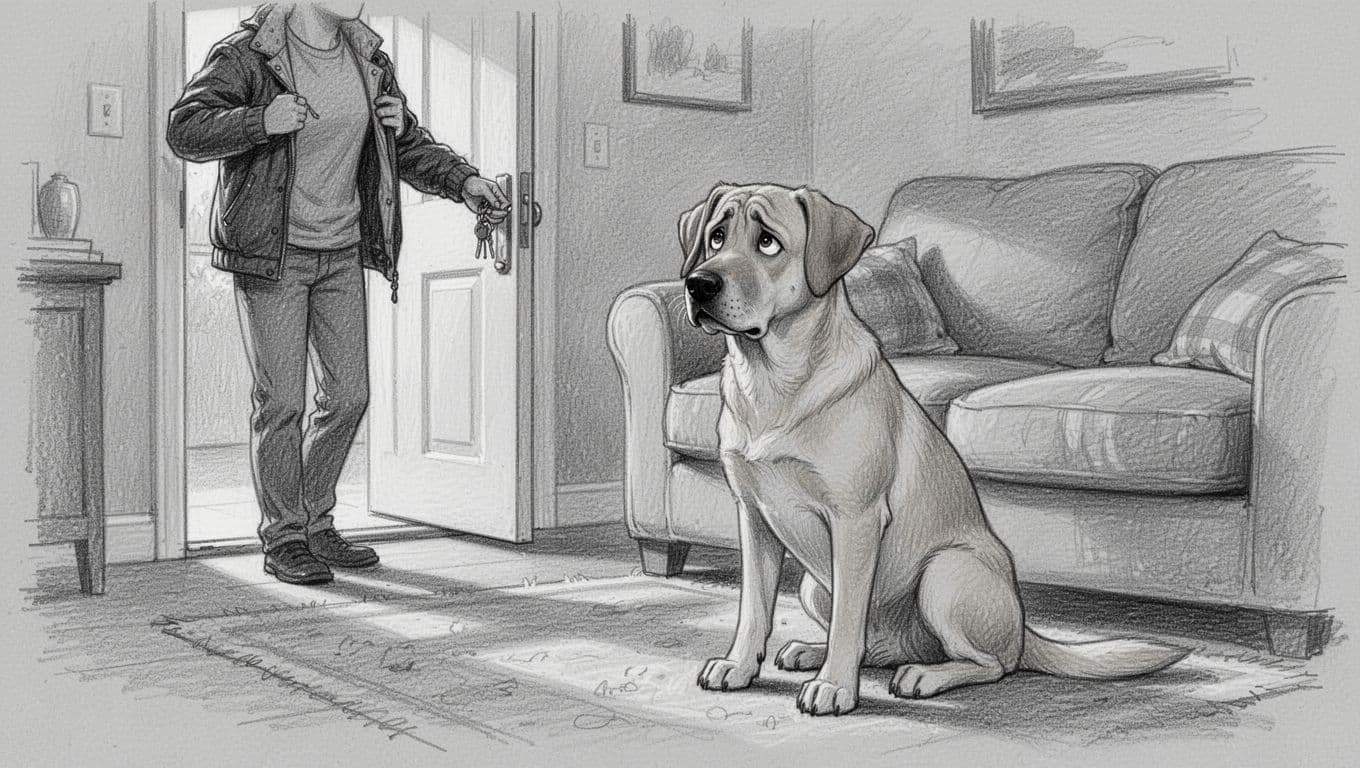 A medium-sized Labrador dog with worried eyes and perked ears sits anxiously near a living room couch, watching its owner put on a jacket and hold keys at the front door. Hand-drawn graphite sketch in grayscale tones with light shading on light gray paper.