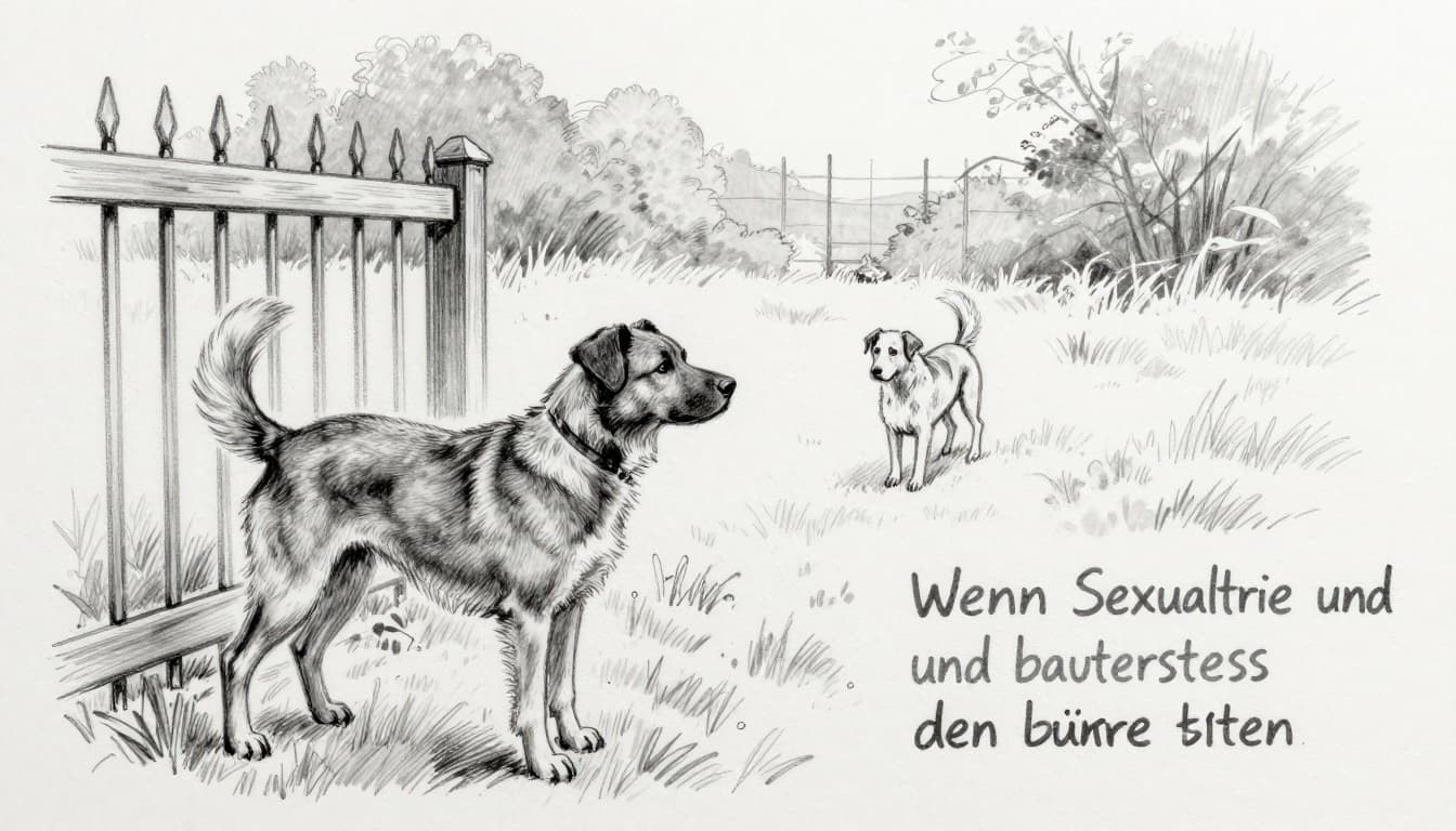 Hand-drawn monochrome sketch of a restless male dog pressing against a garden fence, howling and whining longingly at a female dog in heat visible in the distant garden, depicting chronic stress from sexual drive.