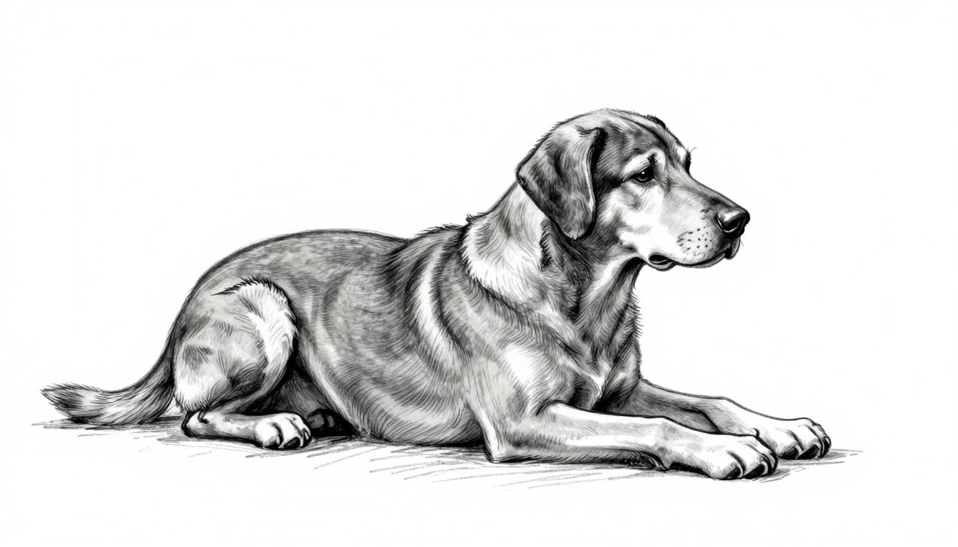 Hand-drawn graphite sketch of a male dog post-castration appearing insecure and flinching at a noise in unfamiliar surroundings, with owner calmly petting to reassure. Monochrome with light shading on white background.