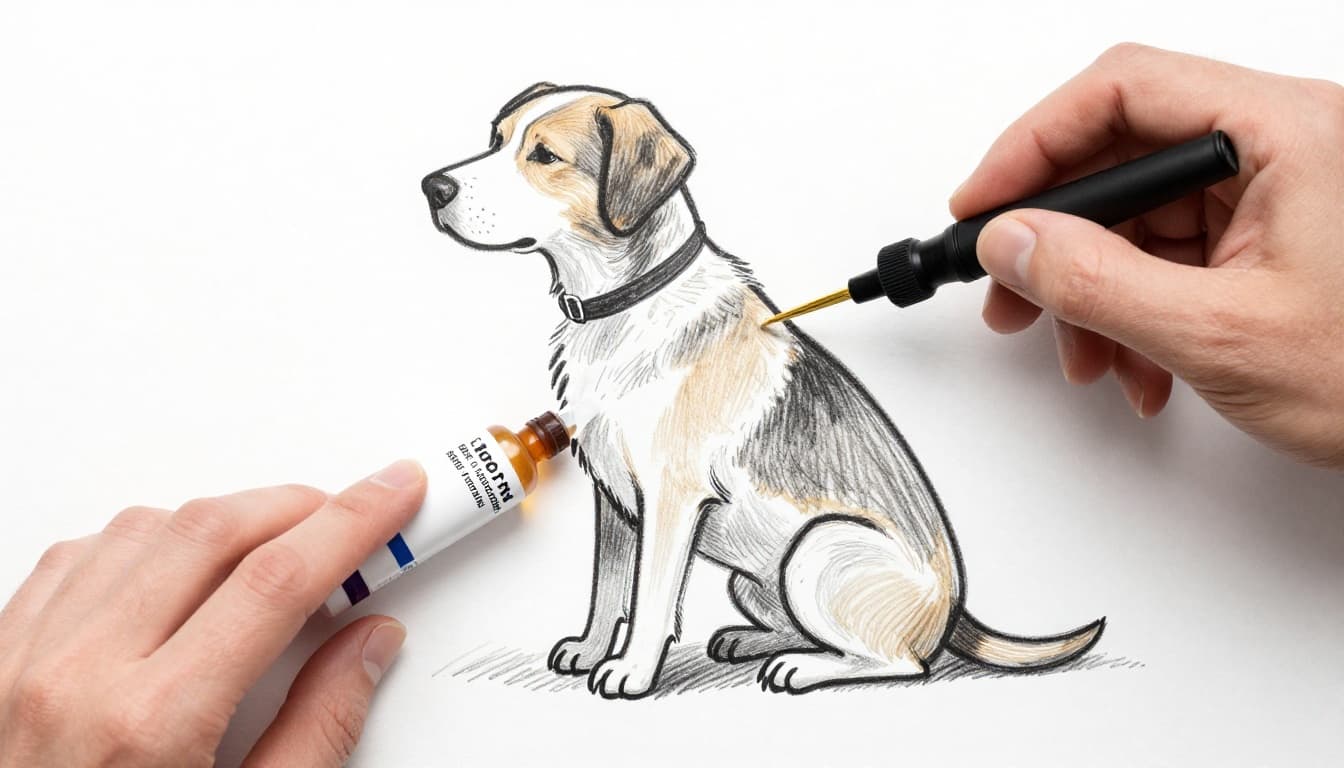 A person applies spot-on drops to the neck of a calmly sitting dog using a visible pipette, focusing on the application process. Hand-drawn graphite sketch with light shading on white background.