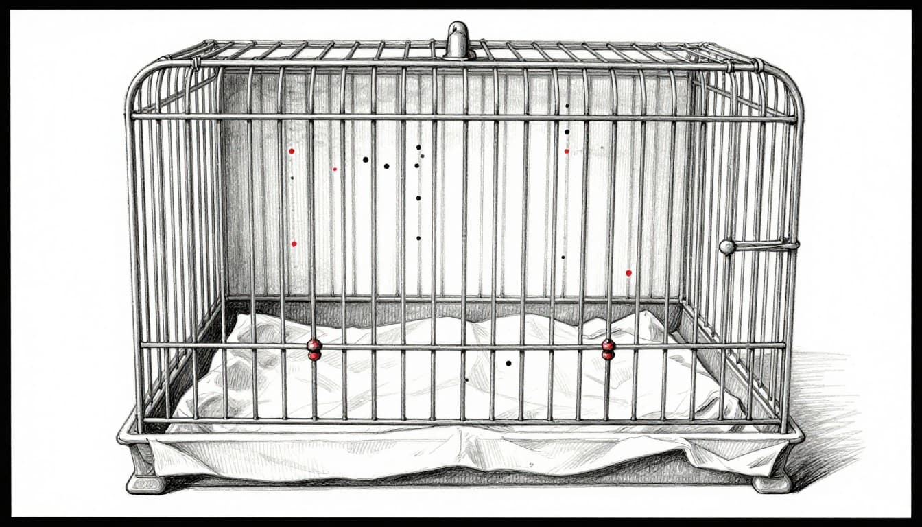 Hand-drawn graphite sketch of a bird cage interior featuring perches, cracks, and white cloth on the bottom with small black, red, and gray dots indicating bird mite traces; clean white background, no birds or text.