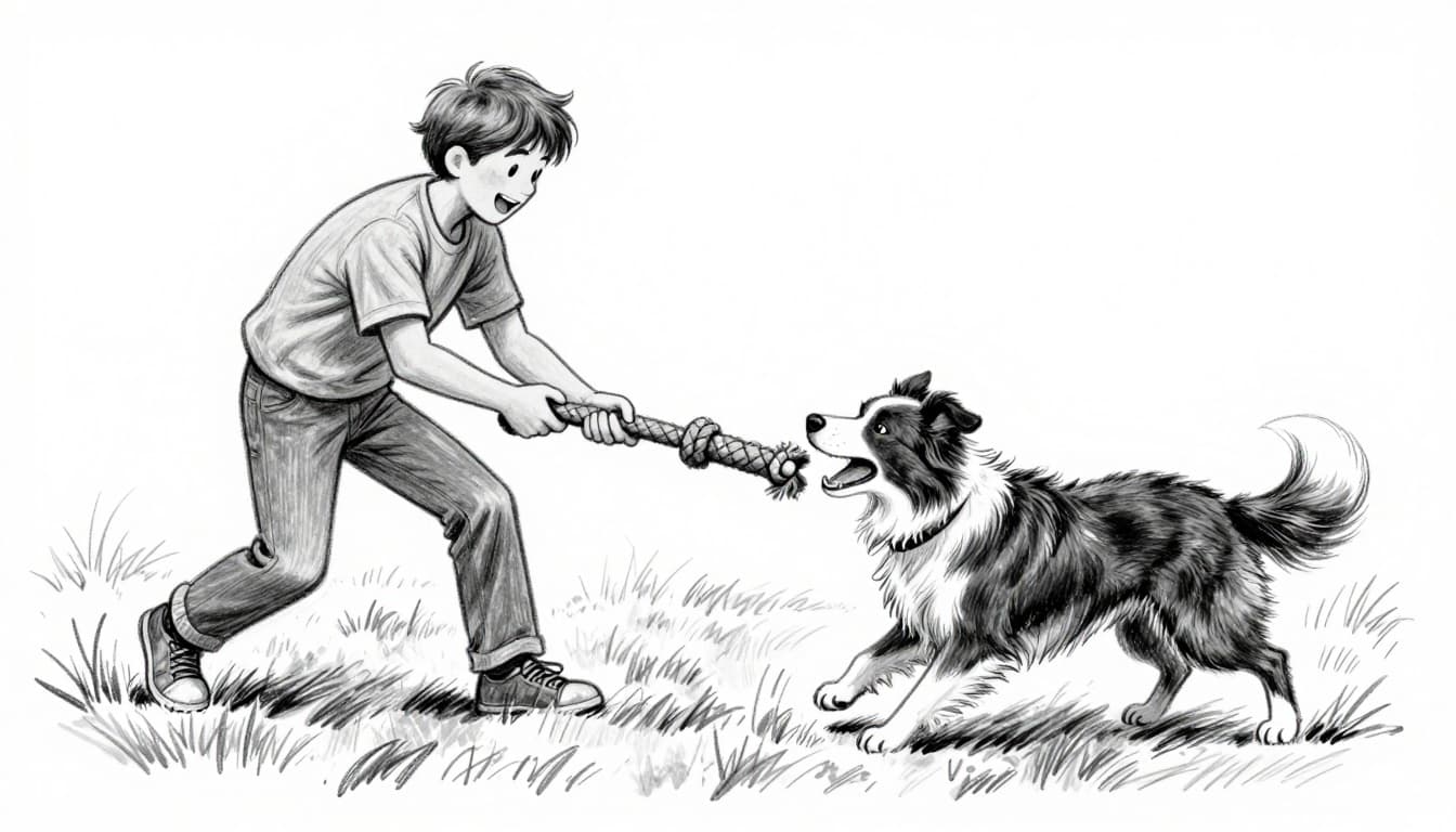 Hand-drawn monochrome sketch depicting an energetic Border Collie and owner joyfully playing tug-of-war with a rope toy in a grassy field as a reward after successful recall. Close-up action shot with graphite linework, light shading, joyful expressions, on clean white background.