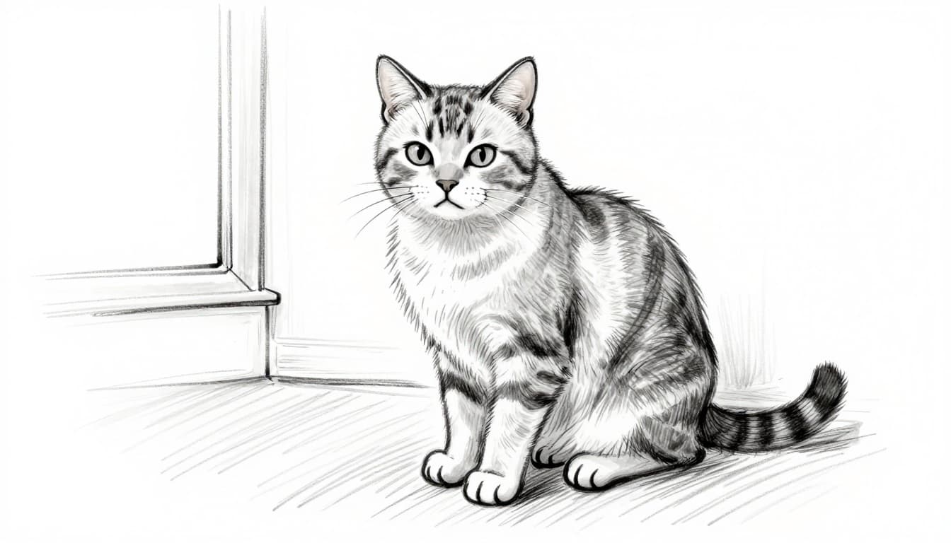 A single tabby apartment cat sits bored on the floor of a small apartment, staring out the window while idly scratching a chair leg, expressing restlessness and boredom. Hand-drawn graphite sketch style with linework, light shading, and clean white paper background.