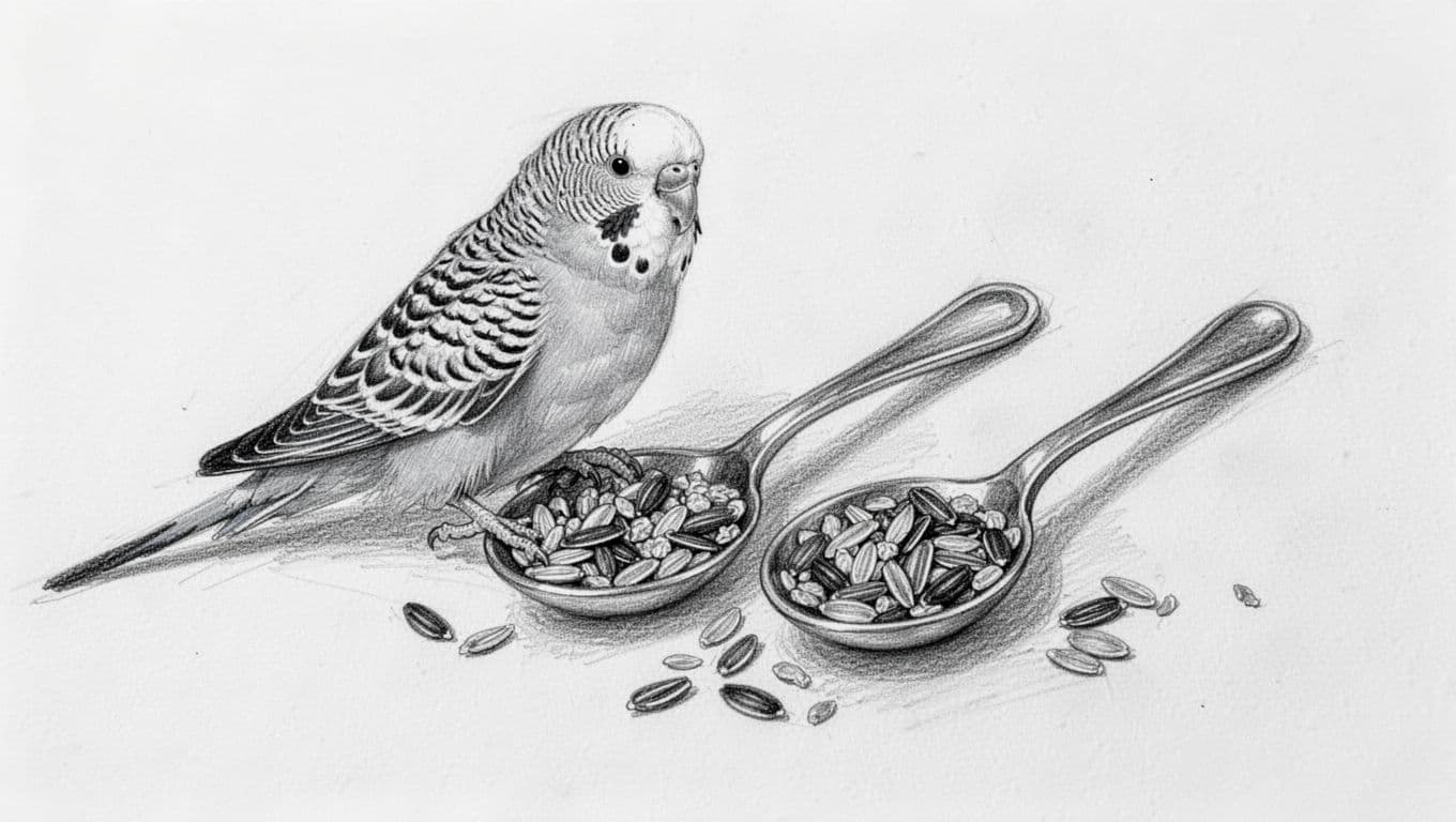 Zwei Teelöffel Körnermischung neben einem kleinen Wellensittich, um die tägliche Futtermenge zu zeigen. Handgezeichnete Skizze im Graphit-Stil mit feiner Linienzeichnung, leichter Schattierung auf sauberem weißem Papierhintergrund.