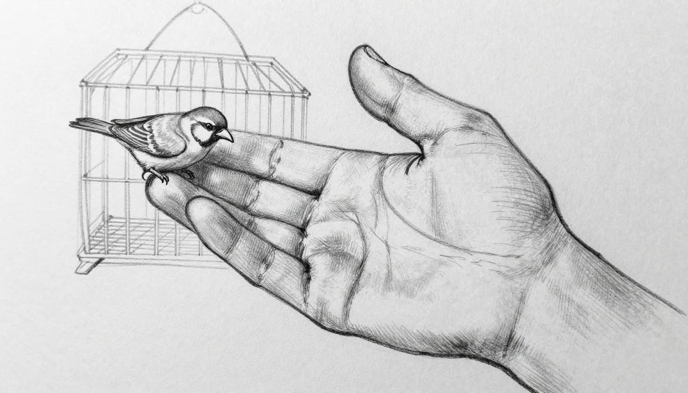 A relaxed hand holds a millet spray to the cage bars of a budgerigar, peacefully pecking at it, in a hand-drawn graphite sketch style with light shading on a light gray background.