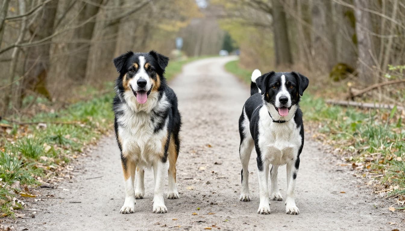 Two dog owners with dogs pass calmly on narrow forest path, leashes loose, dogs looking away.