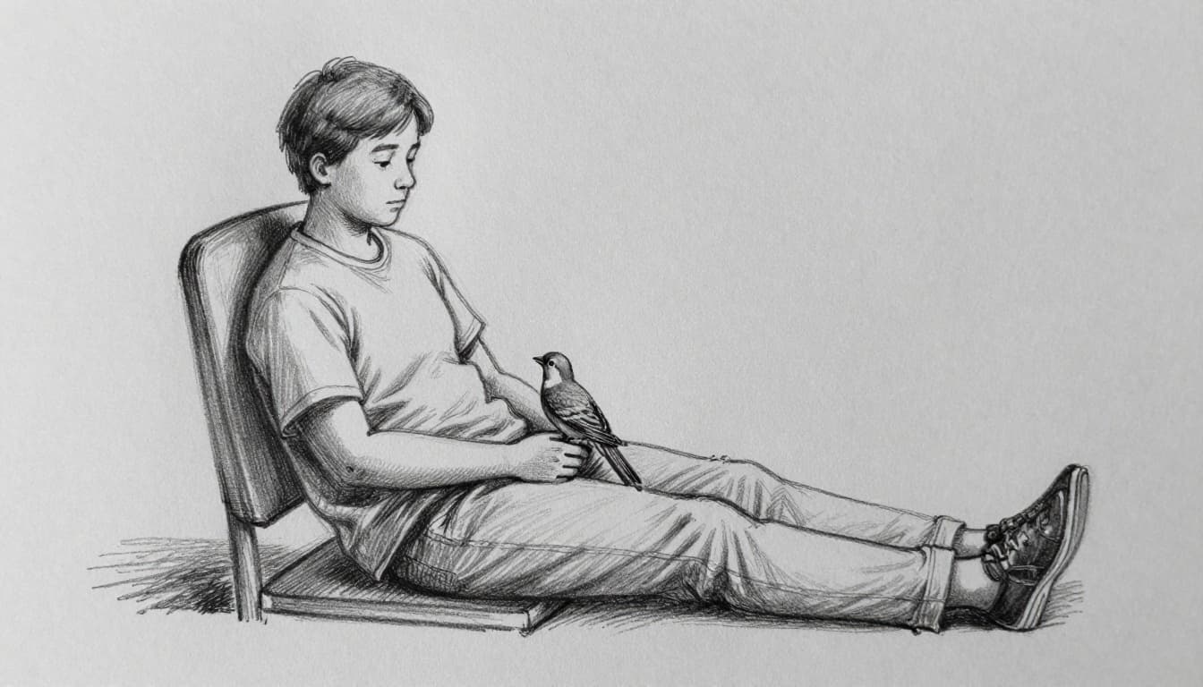 A person sits relaxed on a chair before the budgerigar cage, speaking softly to the curious bird on its perch, hands resting on knees. Hand-drawn graphite sketch with light shading on gray paper background.
