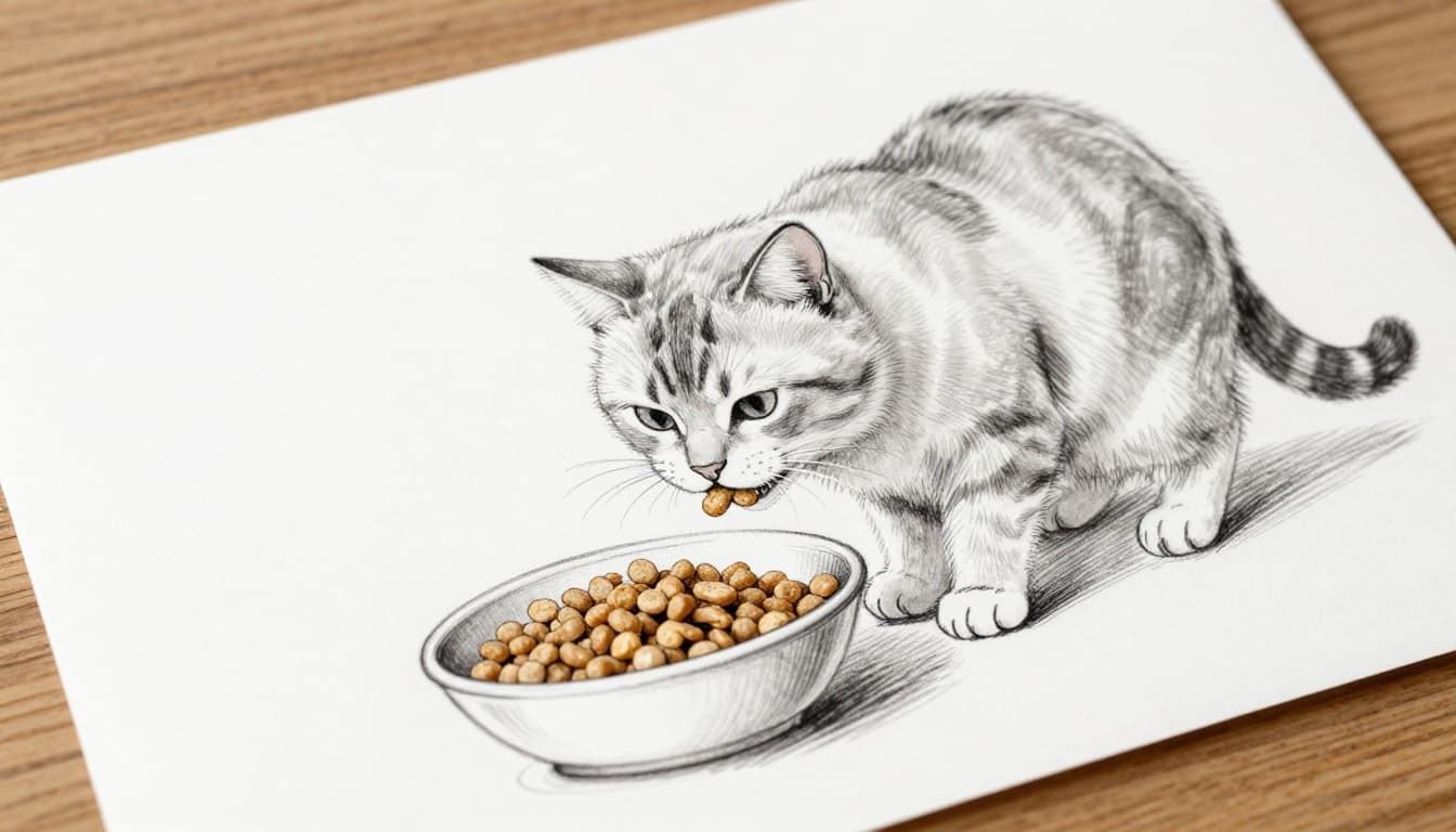 A cat energetically nibbles on dry food pellets in a shallow bowl on a wooden table, chewing contentedly. Hand-drawn sketch style with graphite linework, light shading, and grays and light earth tones on a clean white background.