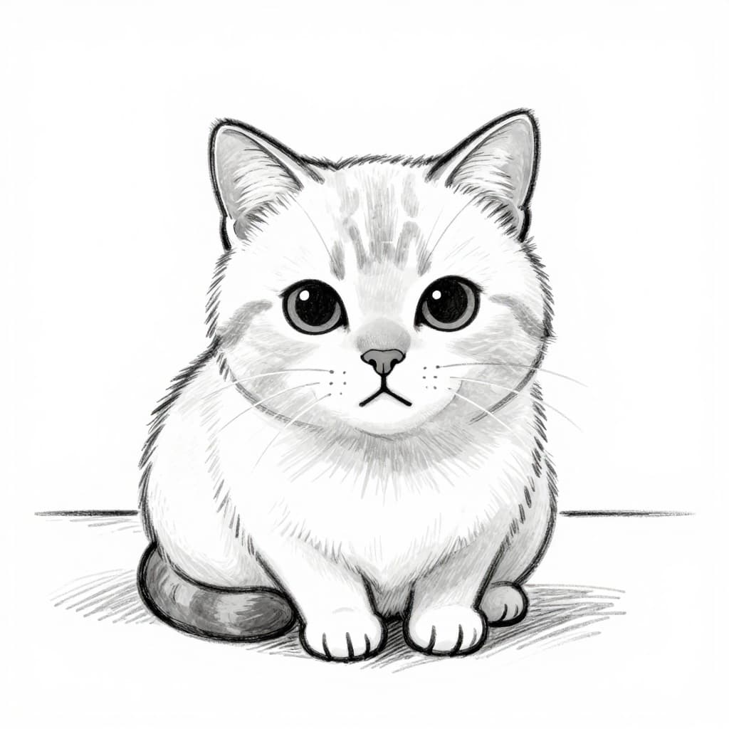 Hand-drawn grayscale sketch of a lethargic cat with dry gums, matte tired eyes, and low energy lying on a pillow in a simple room setting.
