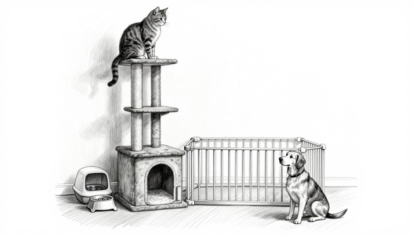 Hand-drawn graphite sketch depicting a cat safely on a tall multi-level scratching post and shelf in a cozy living room, with a dog below separated by a baby gate, including separate food bowls, water, and elevated litter box.