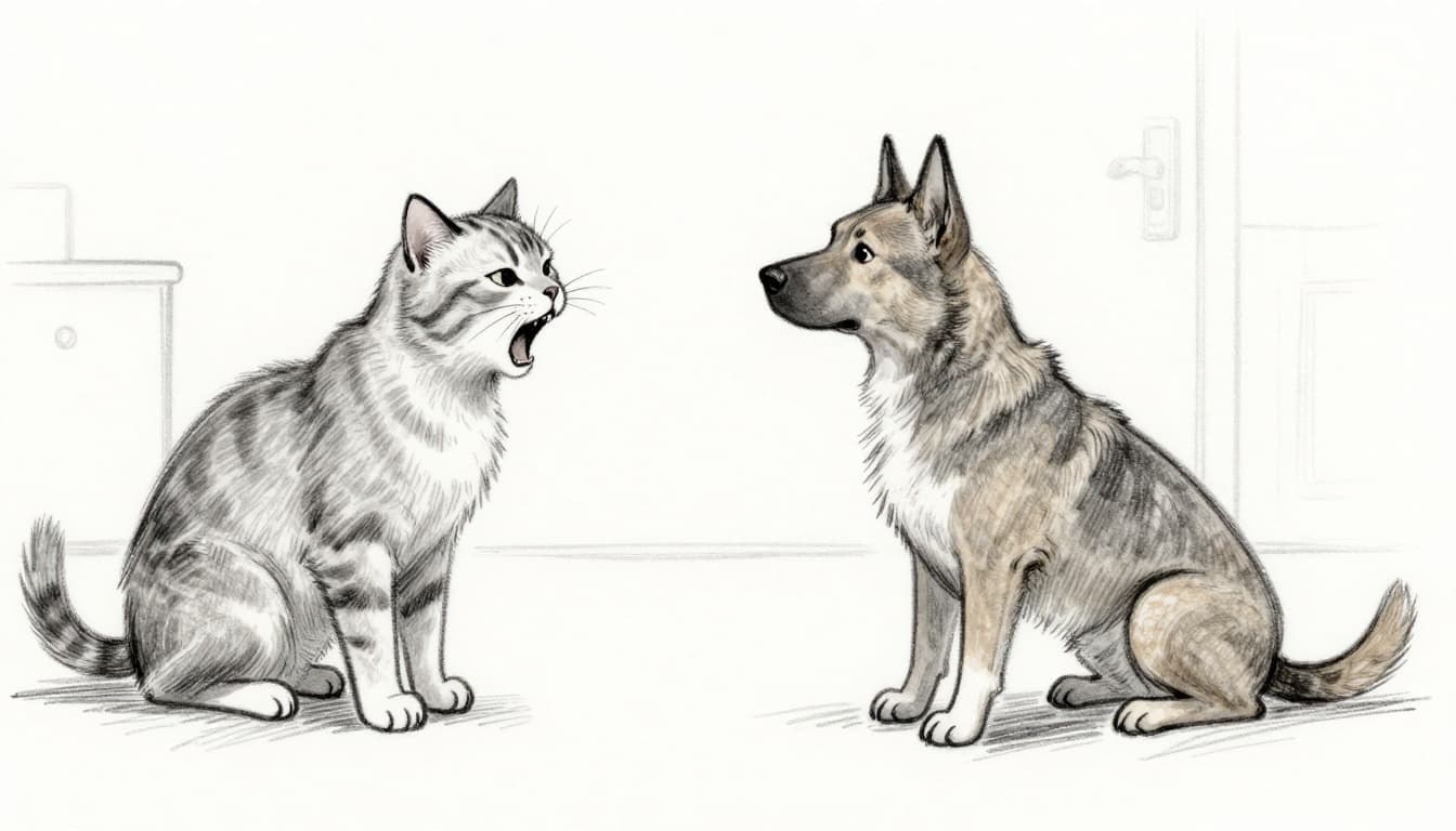 Split-scene hand-drawn sketch depicting a stressed cat with flattened ears, arched back, and hissing mouth on the left, contrasted with a tense dog showing stiff body, fixed stare, forward ears, and rigid tail on the right, set in a simple room.