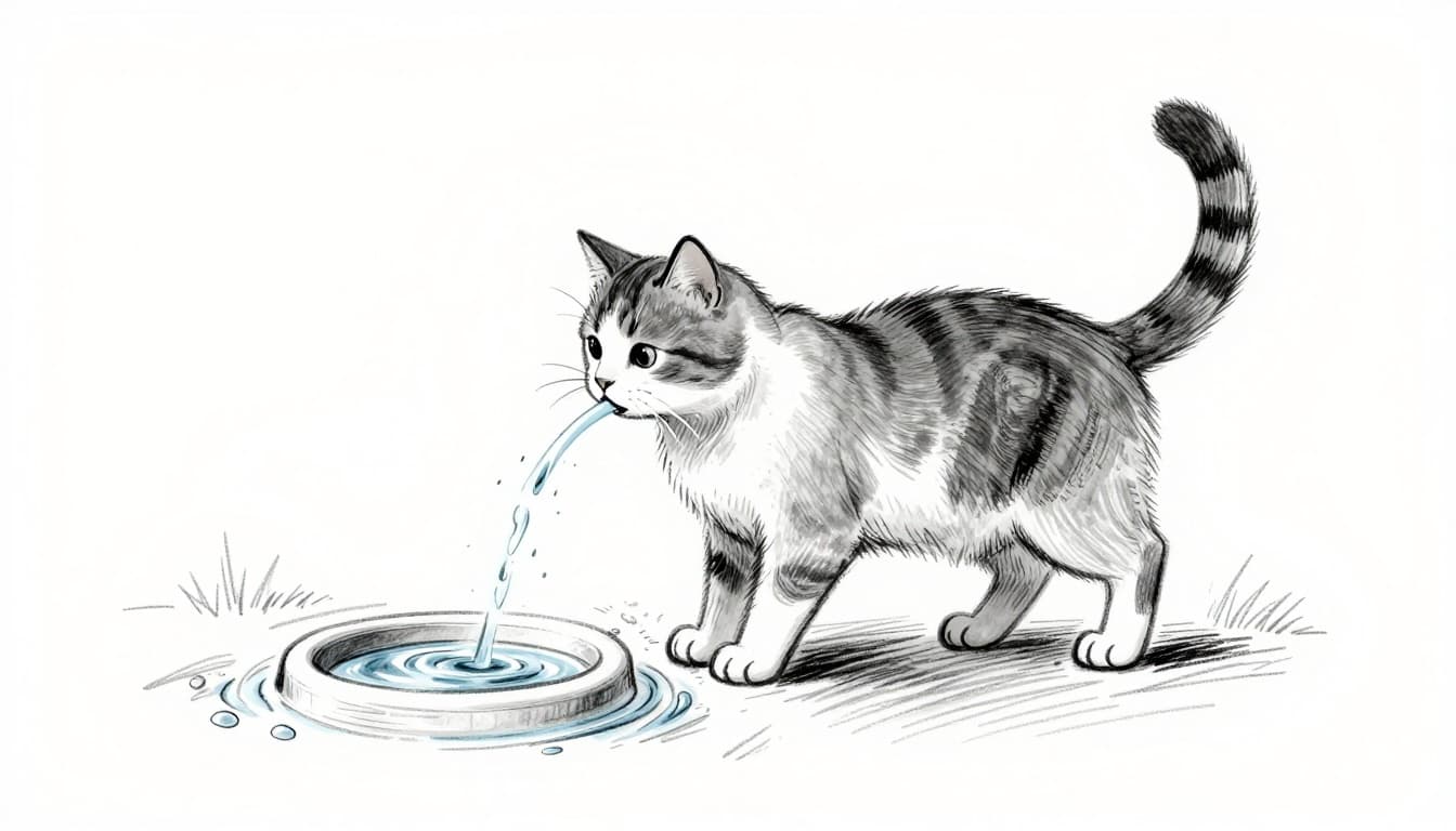 Hand-drawn grayscale sketch of a single cat eagerly lapping water from a flowing drinking fountain on the floor in a bright room, with light splashes and graphite linework shading on a clean white background.
