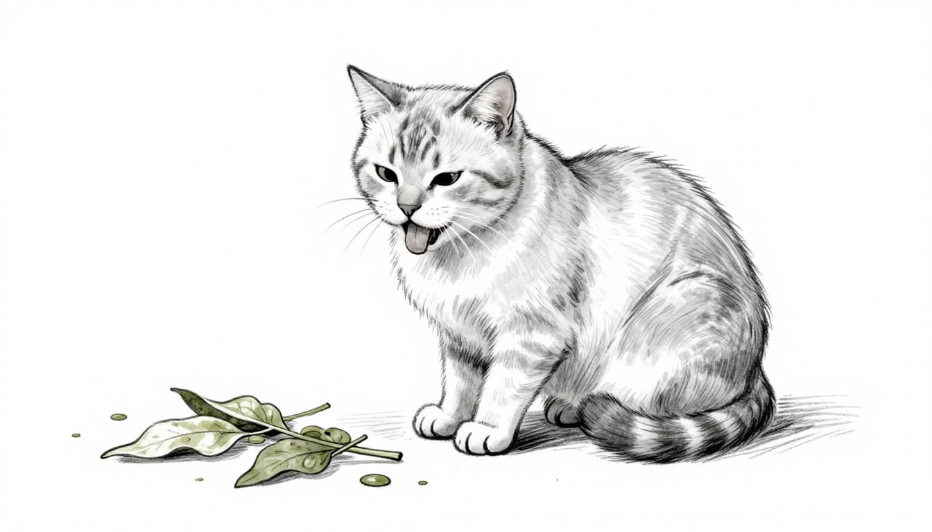 A hand-drawn grayscale sketch of a single cat exhibiting early signs of plant poisoning, including excessive salivation and pawing at its mouth, sitting on a living room floor near scattered plant leaves.