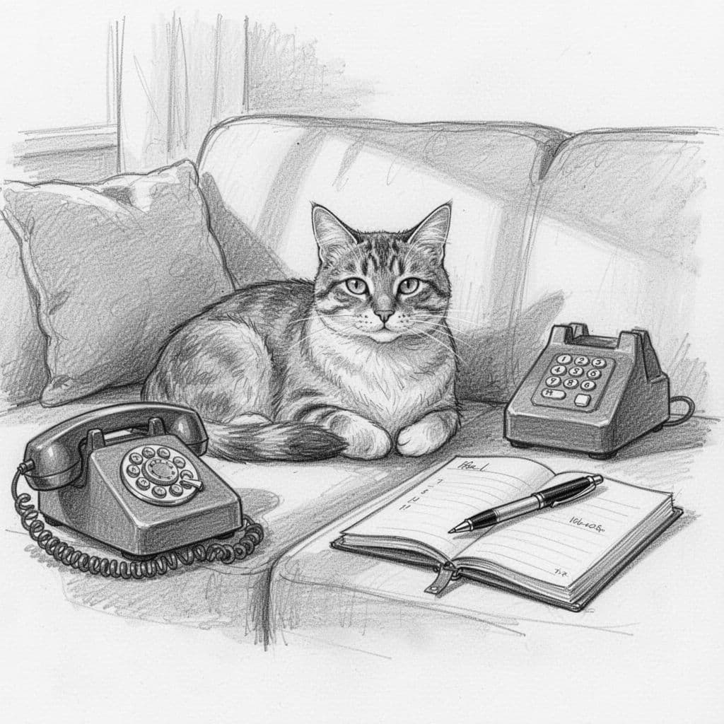 A calm domestic cat rests on a couch beside a landline phone and notepad with pen, suggesting preparation for calling the vet in an emergency. Cohesive hand-drawn sketch with graphite linework, light shading, and clean white paper background.