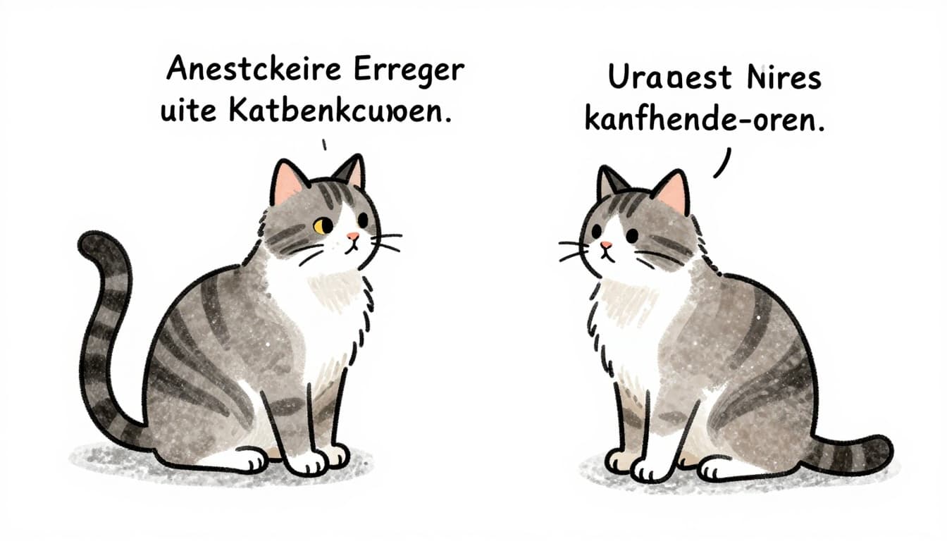 Hand-drawn sketch of two cats in a simple living room with scratching post: one sneezes with runny nose and inflamed red eyes, the other watches. Graphite linework, light shading, grays and earth tones on white background.