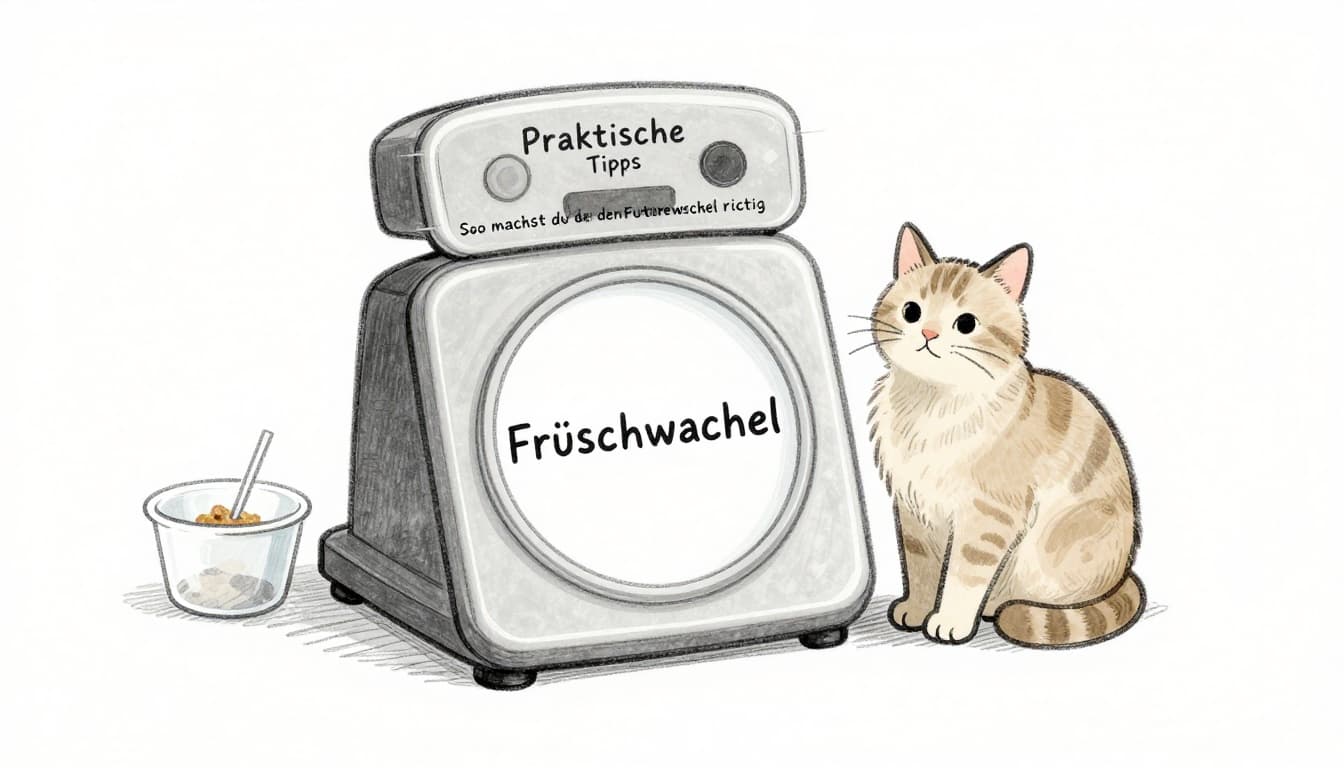 Hand-drawn graphite sketch of a kitchen scale with weighed portions of dry and wet cat food nearby, plus a fresh water bowl. Light shading in grays and earth tones on clean white paper background.