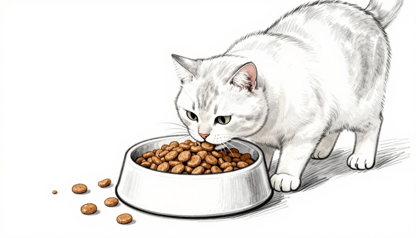 Hand-drawn graphite sketch of a single cat with its head deep in a shallow bowl, hastily eating dry kibble in a bright kitchen, with food flying around on a clean white background.