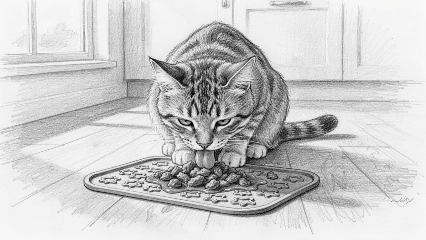 A cat slowly licks wet food from a patterned silicone lick mat on the kitchen floor, with its tongue gently touching the surface. Hand-drawn sketch in graphite linework style with light shading on a clean white paper background.