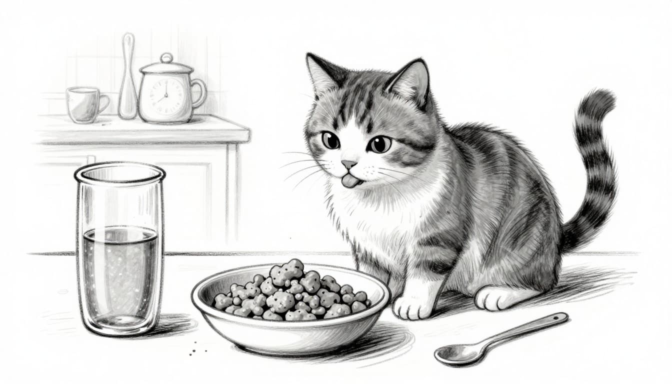 Hand-drawn grayscale sketch of a cat genusslich licking wet food with water underneath from a shallow dish in the kitchen, focusing on the food bowl to promote hydration.