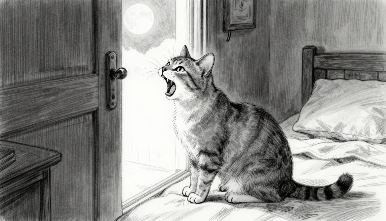 Hand-drawn graphite sketch of a domestic cat on a bed in a dimly lit bedroom at night, mouth open wide meowing with alert eyes towards the door, illuminated by moonlight.