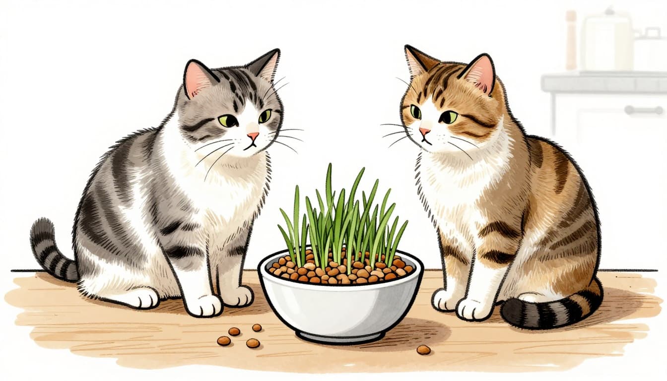 A cat peacefully nibbles at a flat bowl of fiber-rich dry food, with a small pot of fresh cat grass beside it on a wooden table in a bright kitchen. Hand-drawn graphite sketch with fine lines, light shading, clean white background, and monochrome grayscale palette.