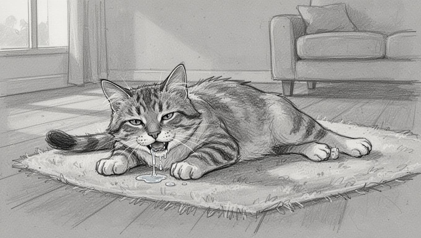 Hand-drawn sketch of a domestic cat lying weakly on a living room floor, showing drool from slightly open mouth and pale gums, indicating poisoning from toxic ingestion.