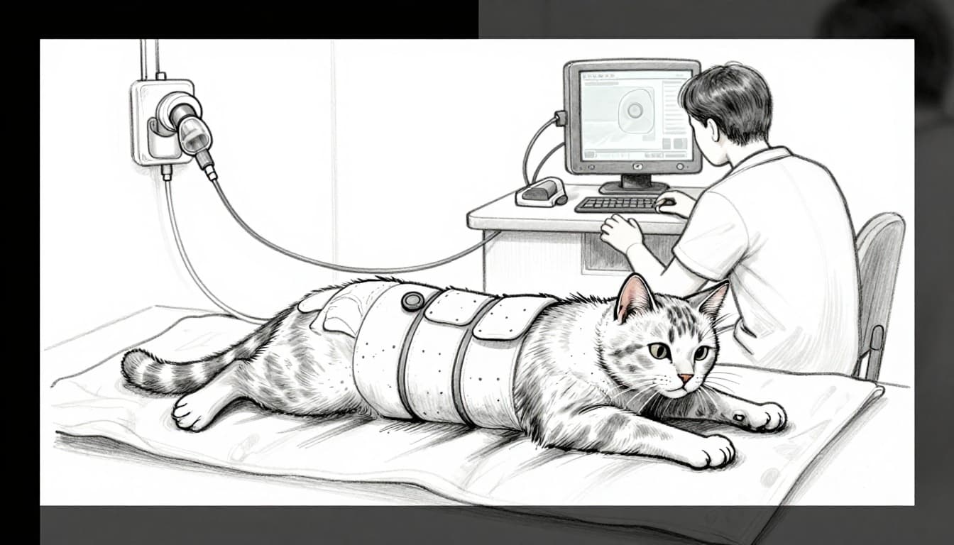 Hand-drawn graphite sketch of a cat resting on a soft pillow in a veterinary clinic post-surgery, with visible belly bandages, IV tube, background monitor, and a gently monitoring veterinarian.
