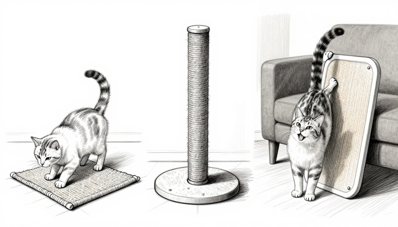 Hand-drawn graphite sketch comparing three cat scratching solutions side-by-side: horizontal sisal mat on floor, vertical sisal-covered post with tabby cat scratching happily, and modular wall board near sofa, on light paper background.