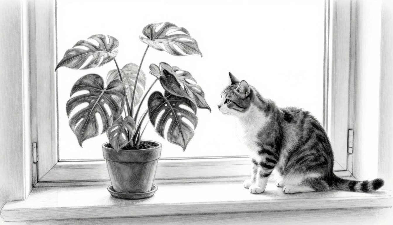 Hand-drawn grayscale sketch of a curious domestic cat gently sniffing large split leaves of a Monstera plant on a windowsill in a bright living room.
