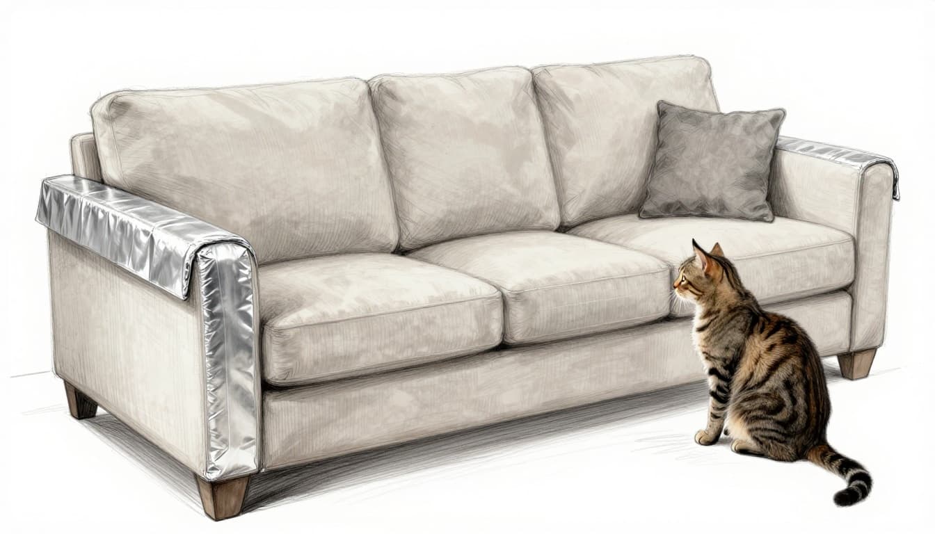 Hand-drawn sketch of a cozy living room corner with a fabric sofa protected by silver aluminum foil and double-sided tape on armrests and edges. A curious tabby cat sits on the floor nearby, observing without scratching.