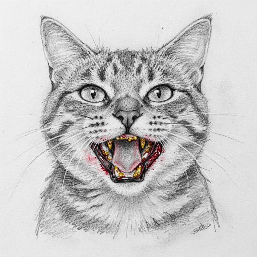 Close-up hand-drawn sketch of a cat's open mouth showing heavy yellow-brown tartar on teeth and slightly inflamed red gums, front view, natural pose, graphite linework with light shading on white background.
