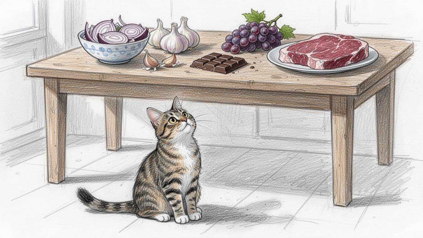 A hand-drawn graphite sketch of a curious domestic cat sitting on the kitchen floor, gazing up at a wooden table with sliced onions, garlic, chocolate, grapes, and raw meat—all poisonous to cats.