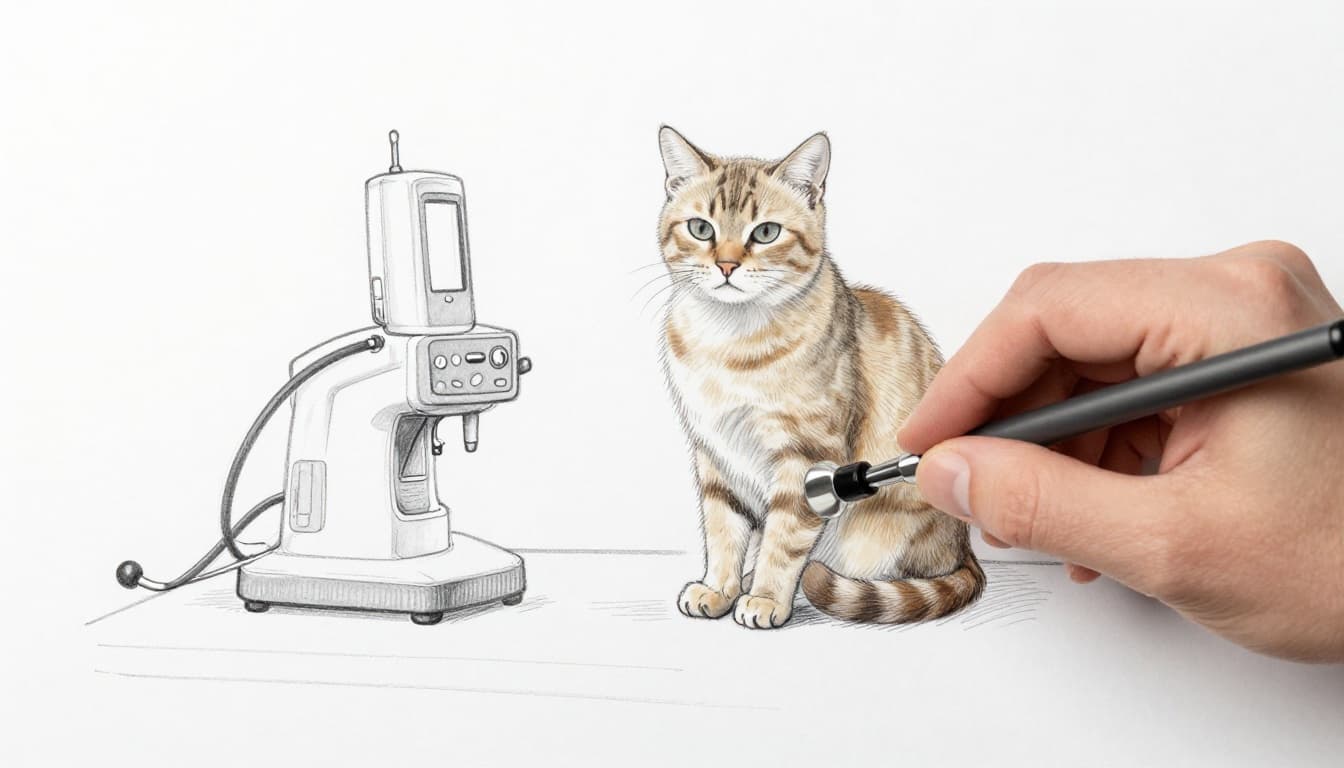 Hand-drawn sketch of a cat sitting calmly on a veterinary examination table in a bright clinic, with a veterinarian's hand gently approaching using a stethoscope amid a relaxed atmosphere and background medical equipment.