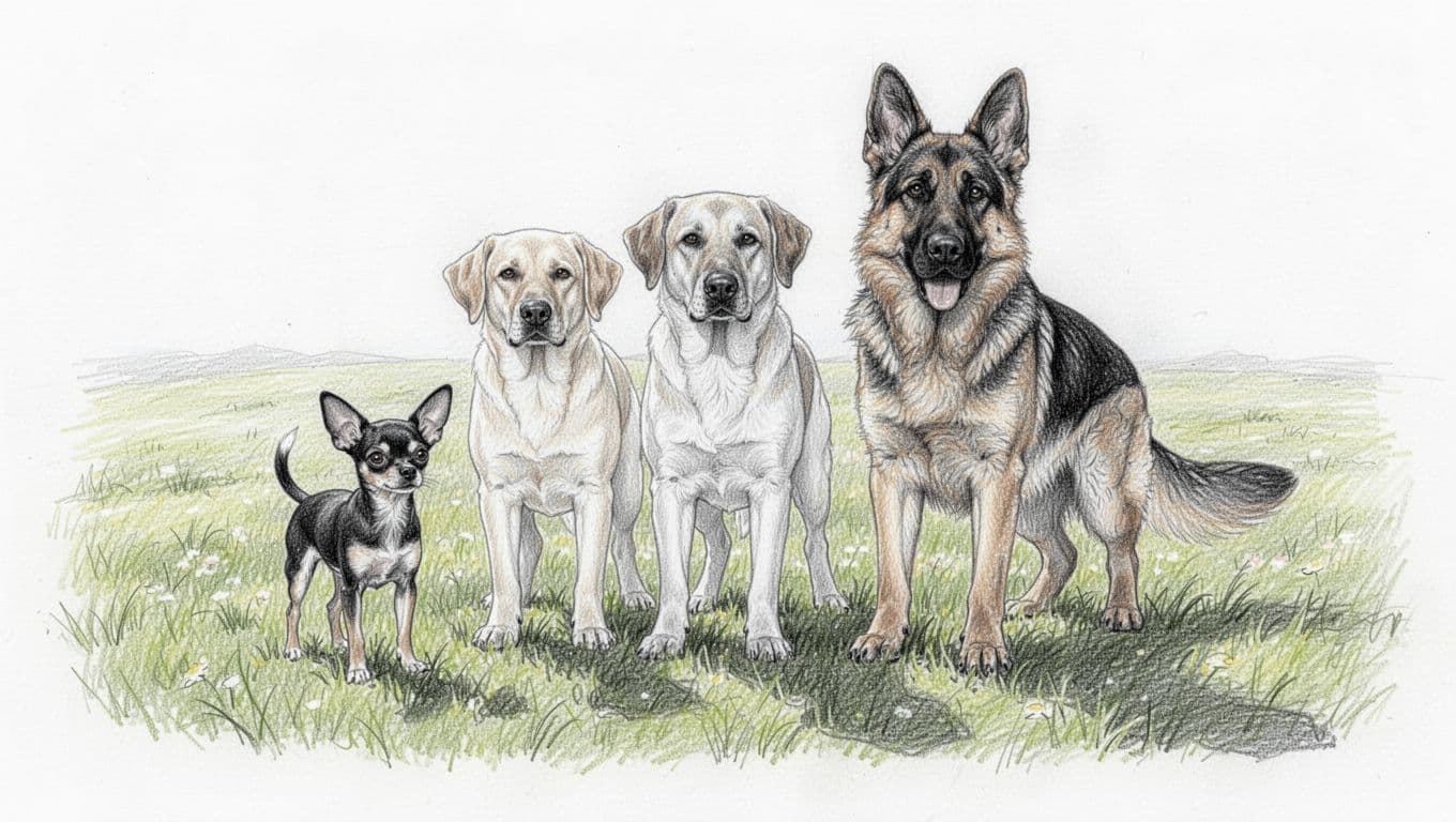Three dogs of different breeds and sizes—small Chihuahua, medium Labrador, large German Shepherd—standing side by side on a meadow in a hand-drawn graphite sketch style with light shading and clean white background.