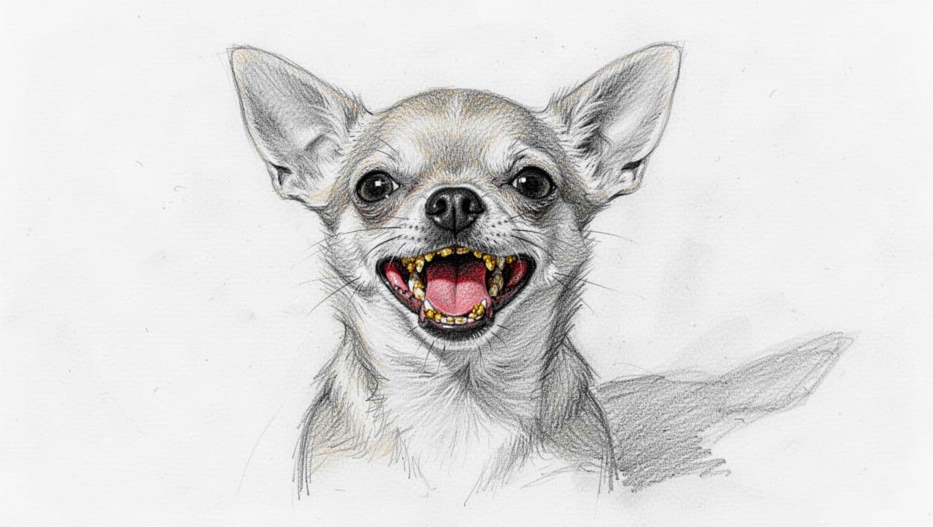 Hand-drawn graphite sketch of a small Chihuahua dog with open mouth revealing yellowish-brown tartar on teeth and inflamed red gums, in a natural pose on a clean white background.