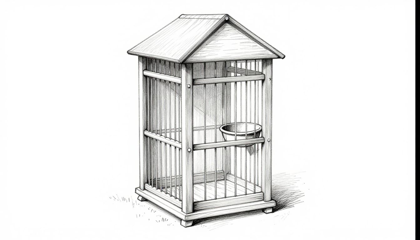 Hand-drawn graphite sketch of a spotless bird cage featuring smooth crack-free perches, nest box, food bowls, and a light clean cloth, all neatly accessible on a bright white background.