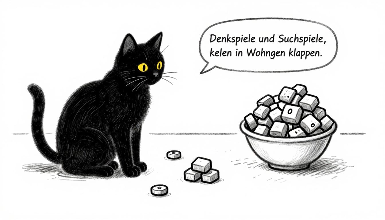 A single black domestic cat curiously paws at a food puzzle on a bright kitchen floor, food pieces peeking out, with a concentrated expression. Hand-drawn graphite sketch style with light shading on clean white paper background.