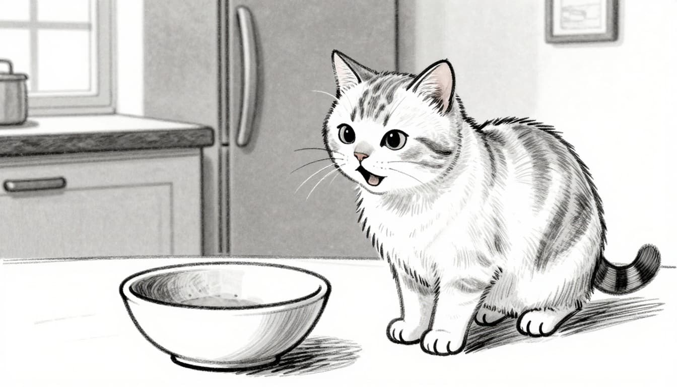 Hand-drawn graphite sketch of a curious cat standing near an empty food bowl in a kitchen at night, head tilted with mouth open as if meowing, dim lighting, close-up composition.