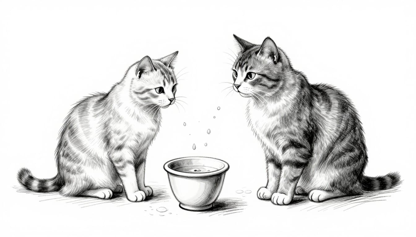 Hand-drawn grayscale sketch of a curious house cat in a quiet living room, standing away from food and sniffing interestedly at a fresh ceramic water bowl to illustrate optimal placement for drinking motivation.