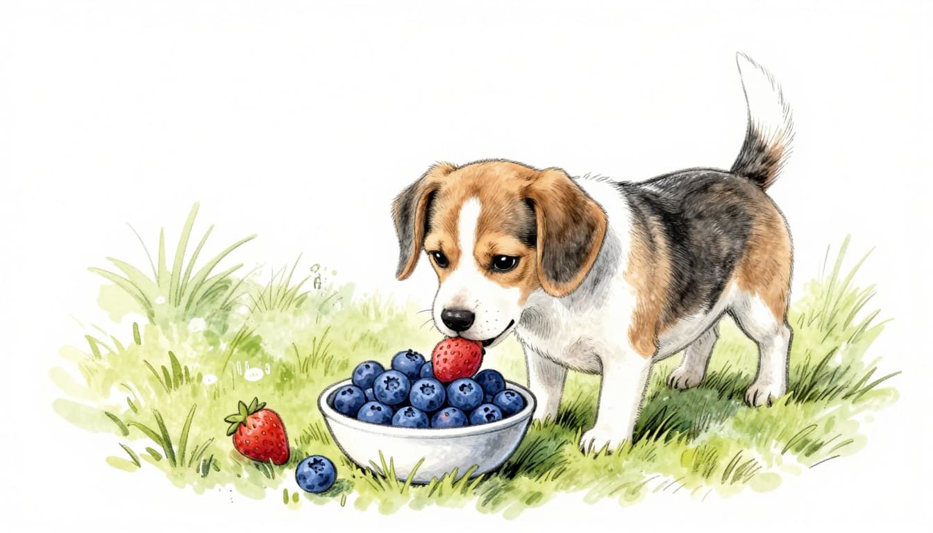 Hand-drawn graphite sketch of a cute beagle dog eagerly eating blueberries and strawberries from a small bowl on grass in a sunny garden, close-up focus on dog and berries with light shading on clean white background.