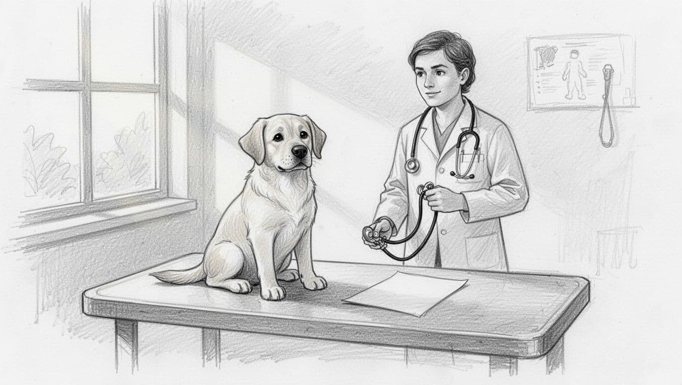 Hand-drawn graphite sketch of a cute Labrador dog sitting on an examination table in a cozy vet practice, with a veterinarian holding a stethoscope nearby and a bill paper on the table, illustrating vet visit costs.