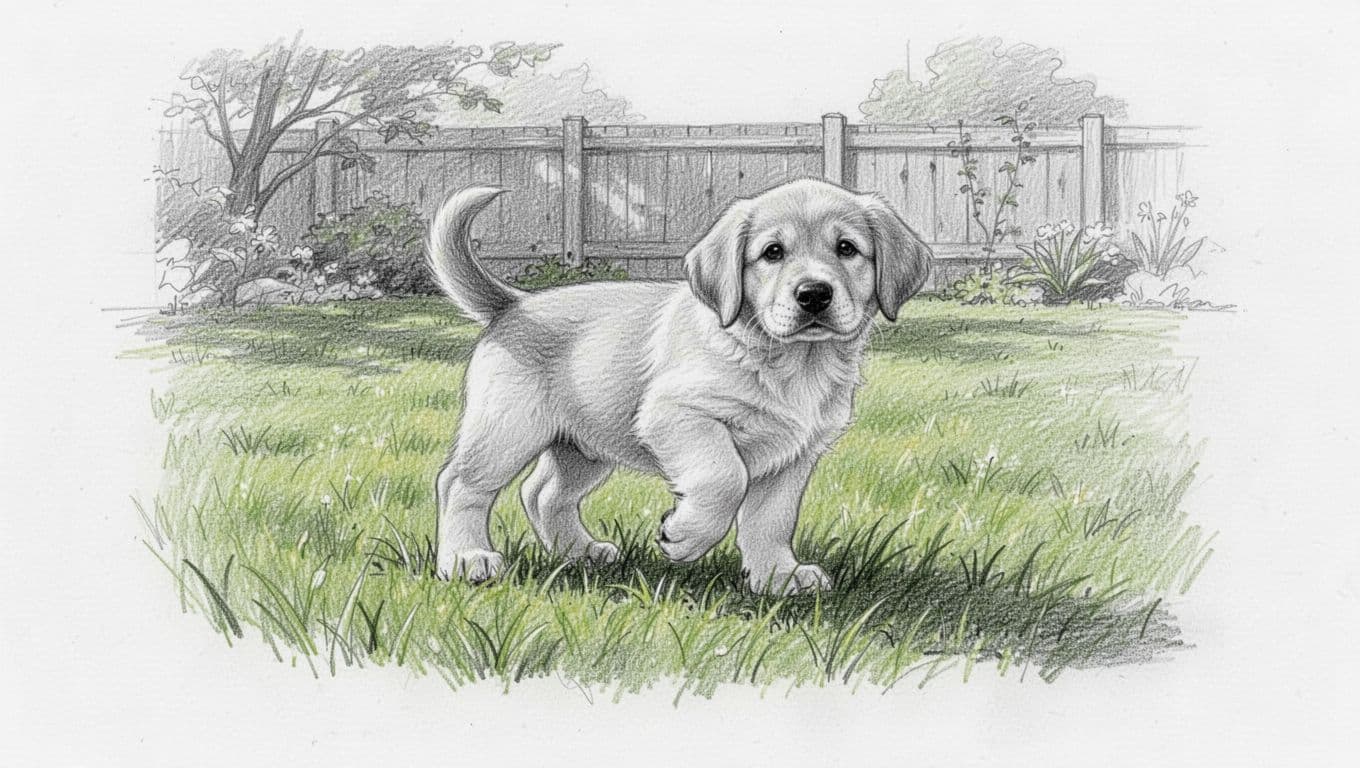 Hand-drawn graphite sketch of a single adorable puppy lifting its leg to relieve itself on a green meadow in a calm garden with grass and fence background, light shading on clean white paper.