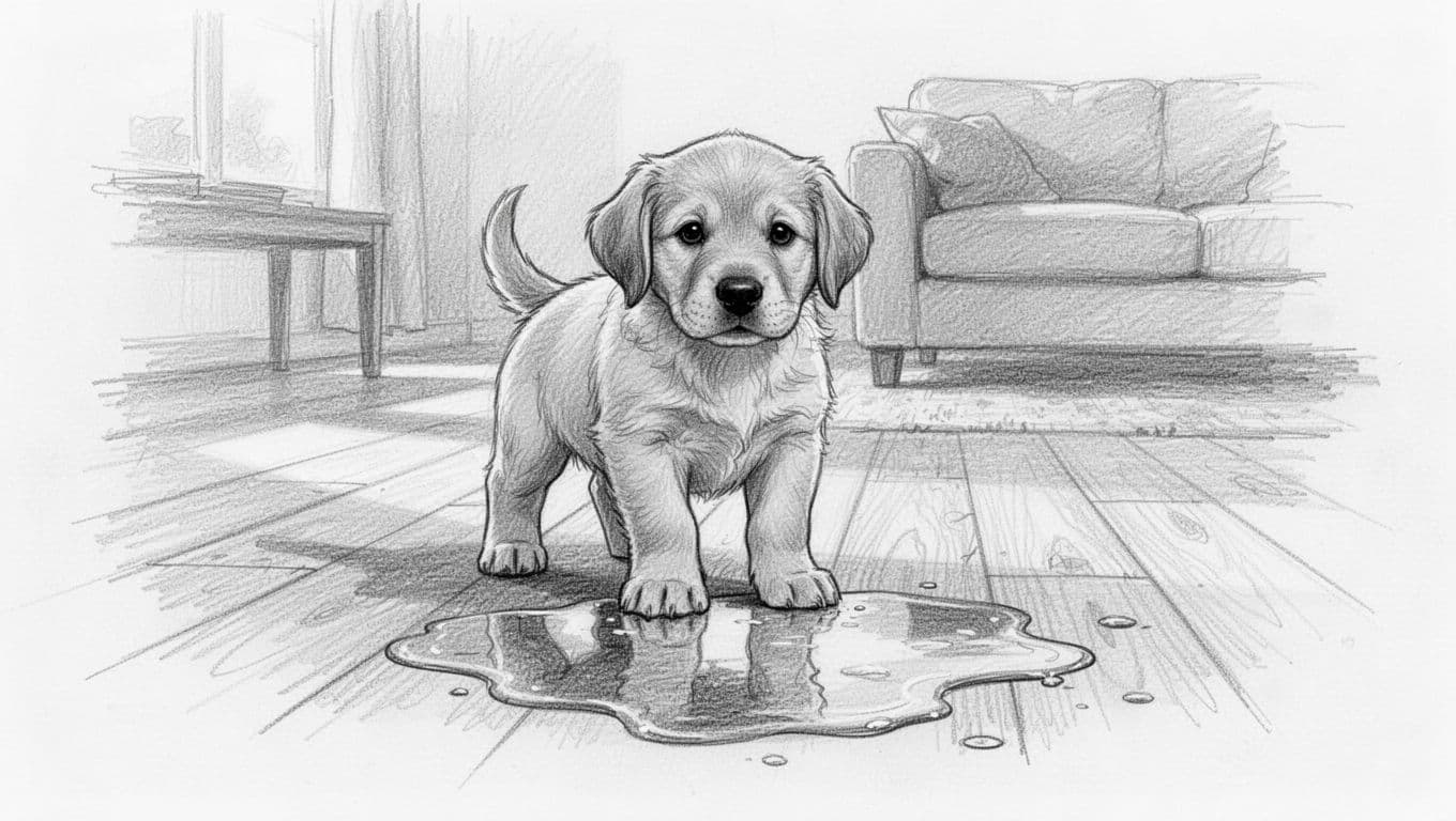 Hand-drawn sketch of an adorable puppy standing innocently beside a small puddle in a simple living room, highlighting a typical early training accident.