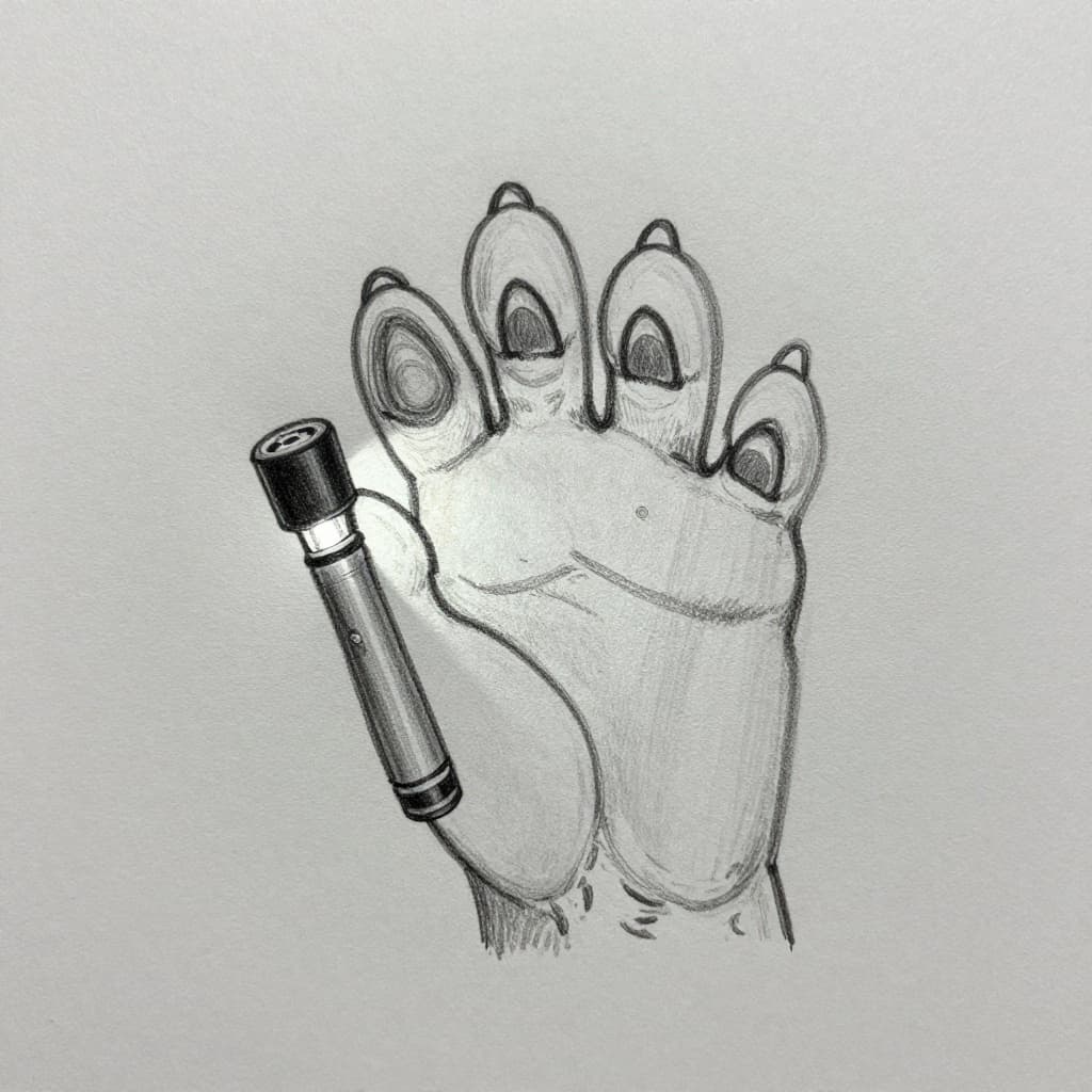 Hand-drawn sketch of a single dark dog claw lit from below by a flashlight, showing the quick as a dark point in cross-section, neutral pose on light gray background.