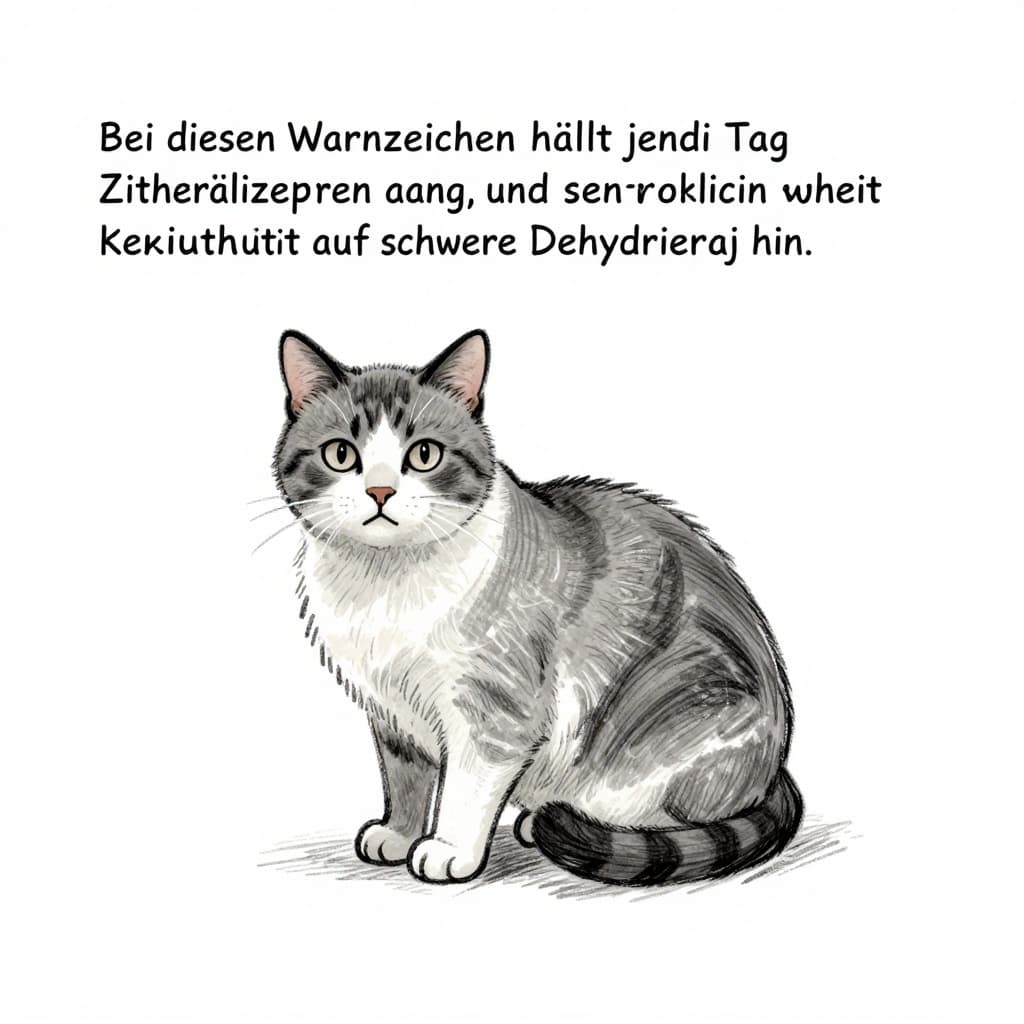 Hand-drawn grayscale sketch of a single cat with sunken eyes and lethargic gait in a room, indicating serious dehydration requiring veterinary attention.