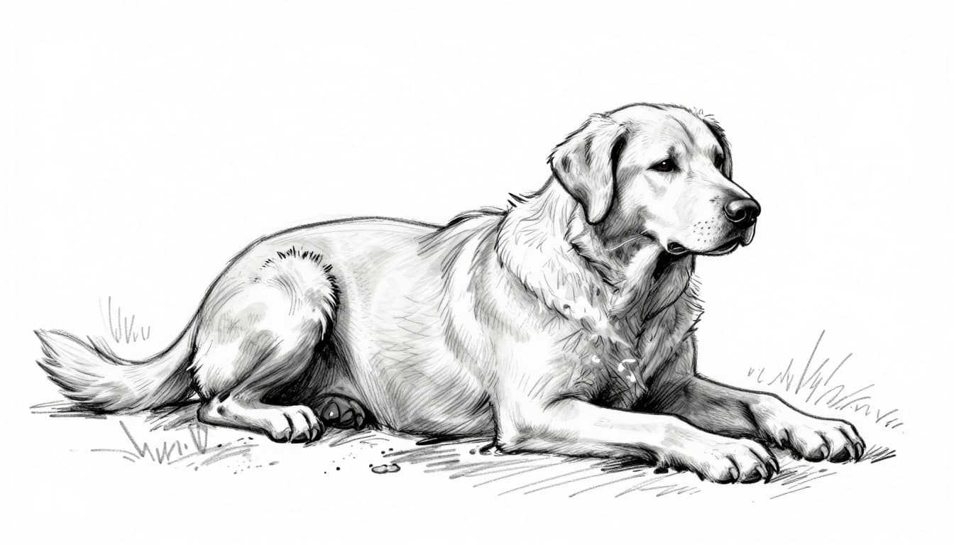 Hand-drawn monochrome sketch of a large dog lying weakly on the ground, heavily panting with visible pale gums, excessive drool, extremely bloated belly, and glassy eyes. Close-up composition from head and upper body in graphite linework style on clean white background.