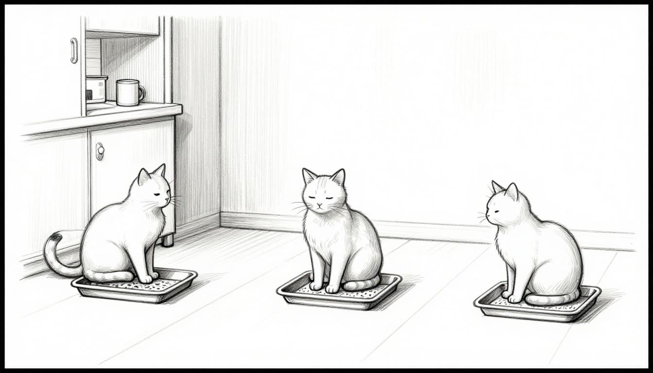 Three cat litter boxes and two food and water bowls placed in quiet corners of a small apartment, including one in the bathroom and one in the living room with bowls separated; clean, inviting setup in hand-drawn graphite sketch style.