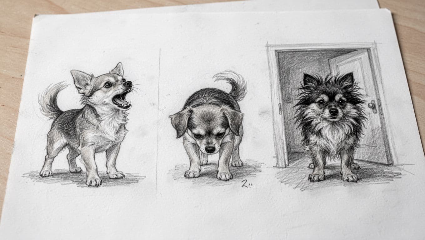 Three side-by-side sketches show joyful barking dog with wagging tail, insecure dog with lowered head, territorial dog with raised fur at door.