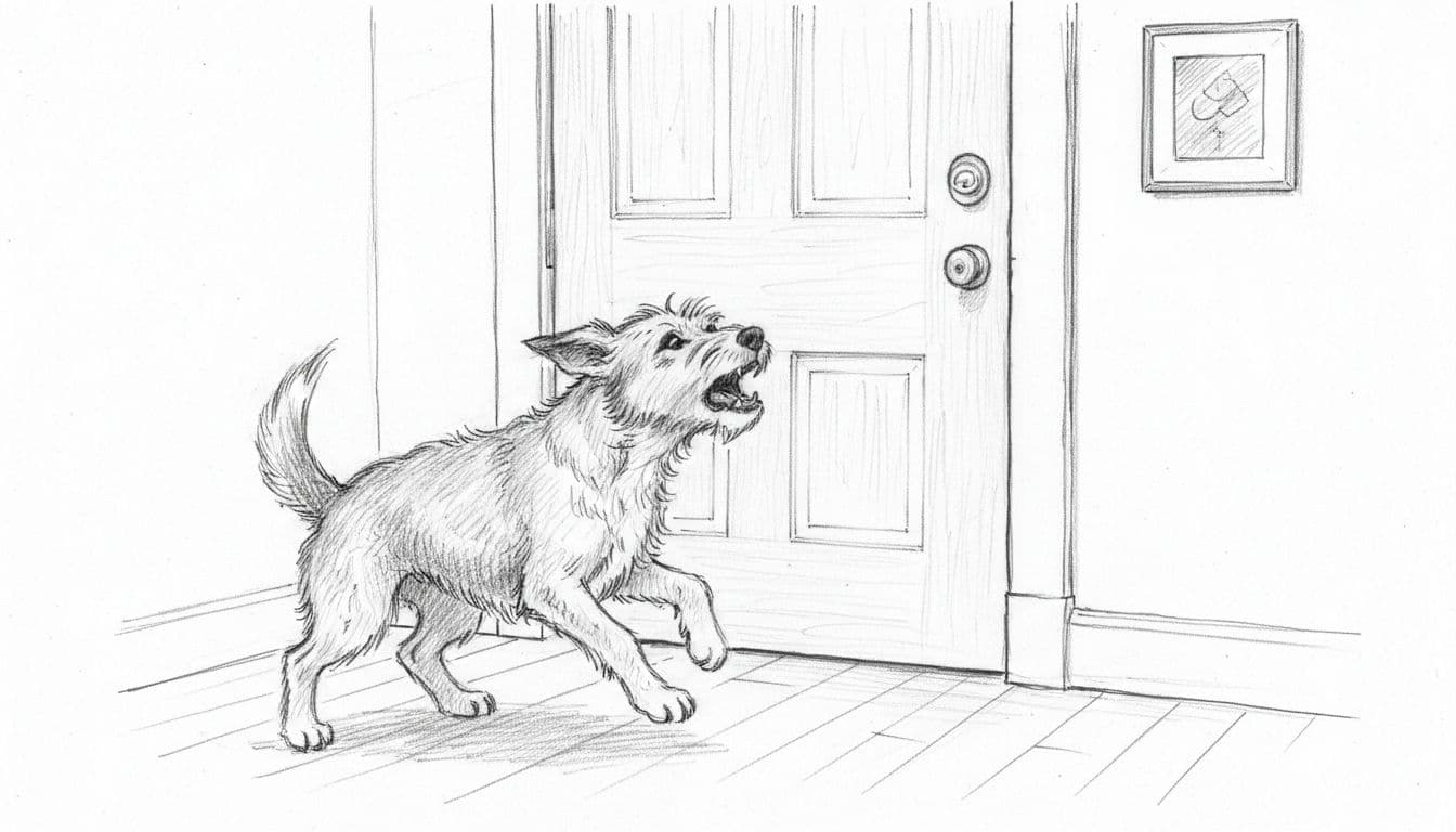 Medium-sized dog barks excitedly before closed house door in hallway, doorbell visible.